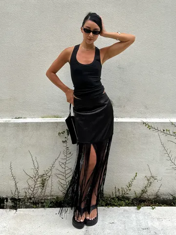 Women's Tassel Maxi Skirt 2026 Spring Summer New Sexy Patchwork Straight Skirt Elegant Commuter Fashion Daily Long Skirt