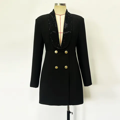 Women Deep V Neck Backless Blazer Dress Elegant Shawl Collar Hot-fix Rhinestone Long Sleeve Mid-length Party Suit Dress