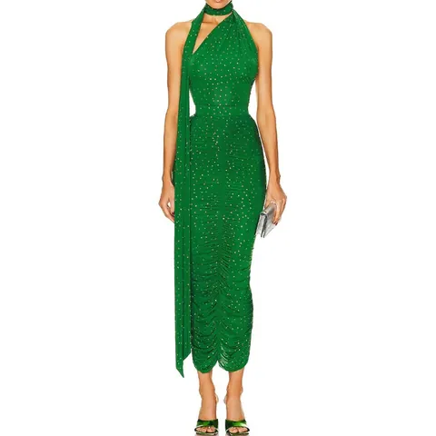 Luxury European Style Rhinestone Knitted Halter Top And Ruched Maxi Skirt Set High Stretch Sleeveless Two Piece Party Clothing For Women