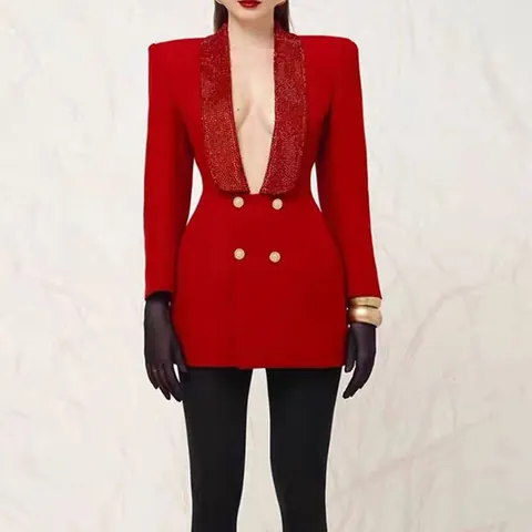 Women Deep V Neck Backless Blazer Dress Elegant Shawl Collar Hot-fix Rhinestone Long Sleeve Mid-length Party Suit Dress