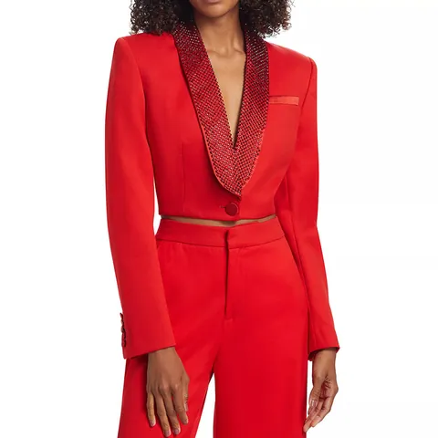 Women Fashion Cropped Blazer Jacket Shawl Lapel Hot-fix Rhinestone Backless Sexy Long Sleeve Elegant Party Outerwear
