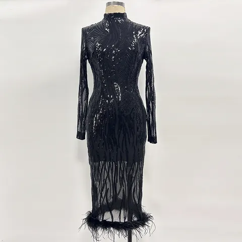 Elegantes Damen Pailletten Abendkleid Mesh Hochhals Bodycon Kleid Mit Federbesatz Langarm Partykleid Für Bankett Hochzeit