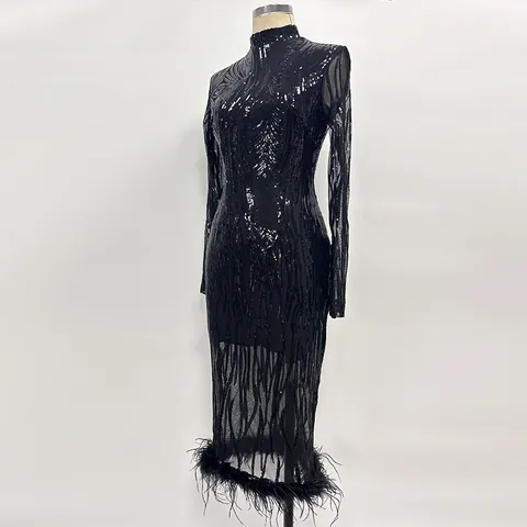 Elegantes Damen Pailletten Abendkleid Mesh Hochhals Bodycon Kleid Mit Federbesatz Langarm Partykleid Für Bankett Hochzeit