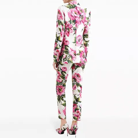 Women Floral Print Blazer Suit Set Slim Fit Pink Flower Pattern Top And Bottom Elegant Celebrity Style Pants Set