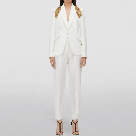 Women Elegant White Suit Top And Bottom Heavy Beaded Sequin Blazer Tapered Pants Slim Fit Celebrity Runway Fashion Outfit