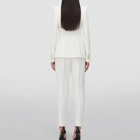 Women Elegant White Suit Top And Bottom Heavy Beaded Sequin Blazer Tapered Pants Slim Fit Celebrity Runway Fashion Outfit