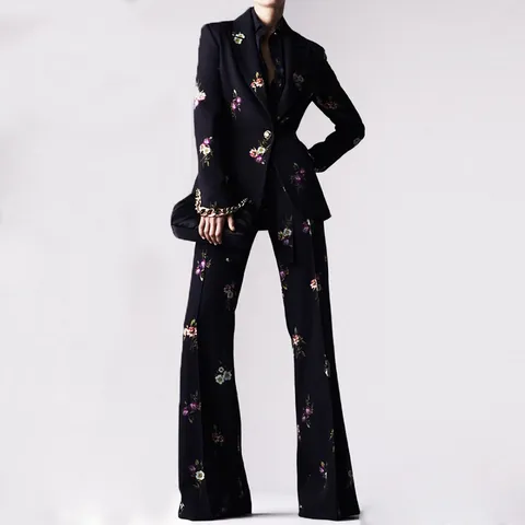 Women Floral Print Blazer And Flare Pants Elegant Long Sleeve Notched Lapel Business Suit For Office Party Top And Bottom