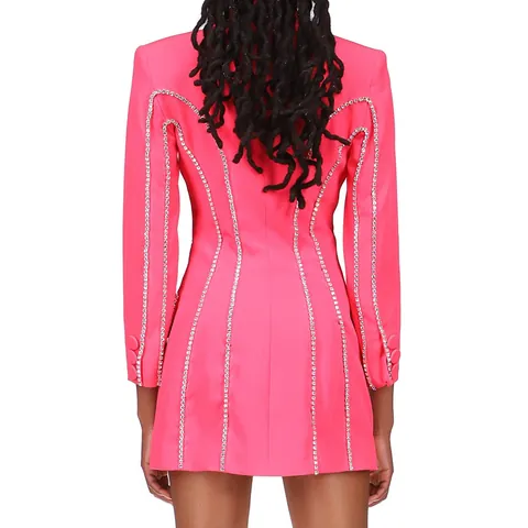 Women Luxury Rhinestone Beaded Blazer Dress Double Breasted Mid Length Bodycon Slim Fit Elegant Evening Party Dress Hot Pink White