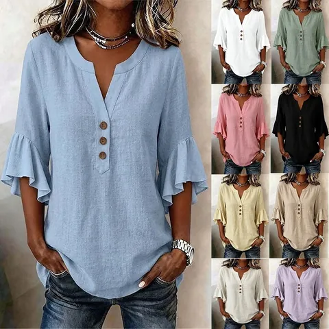 Γυναικείο T-Shirt με Λαιμόκοψη V Μονόχρωμο Μανίκι με Βολάν Κουμπιά Casual Χαλαρό Πολυεστερικό Τοπ Καλοκαιρινή Μόδα Δρόμου