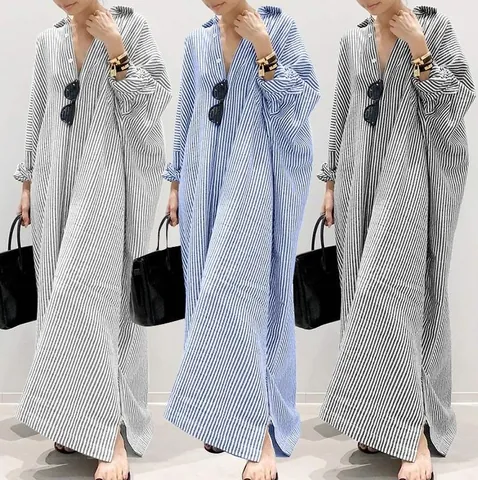 Women's Plus Size Striped Print Maxi Dress Oversized Long Sleeve Button Down Shirt Dress Casual Loose Kaftan Robe