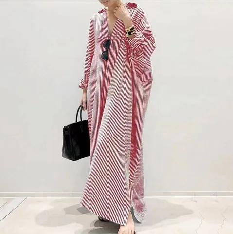 Women's Plus Size Striped Print Maxi Dress Oversized Long Sleeve Button Down Shirt Dress Casual Loose Kaftan Robe