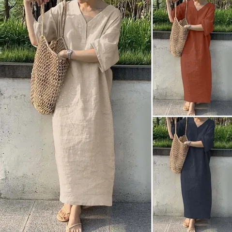 Women Cotton Linen Maxi Dress Loose Short Sleeve V Neck Solid Color Plus Size Comfortable Casual Vacation Long Dress