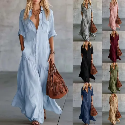 Women's Elegant Shirt Collar Maxi Dress Solid Color Patchwork Pockets Button Down Loose Fit Bohemian Style Vacation Robe Dress