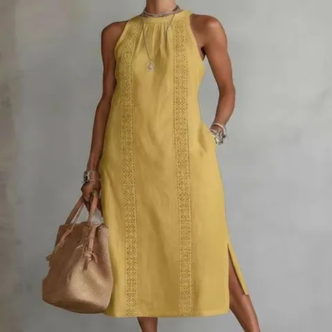 Women's Casual Cotton Solid Color Maxi Dress Sleeveless Round Neck Loose Long Vest Dress Spliced Side Slit Summer Vacation Gown