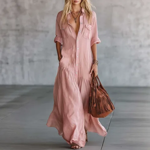 Women's Elegant Shirt Collar Maxi Dress Solid Color Patchwork Pockets Button Down Loose Fit Bohemian Style Vacation Robe Dress