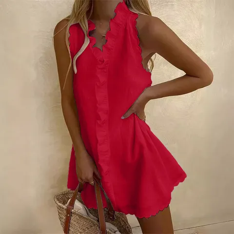 Damen Casual Baumwolle Leinen Ärmellos Rüschen Kleid Retro Stickerei V-Ausschnitt Mini Kleid Einfarbig Strand Urlaub A-Linie Kleid
