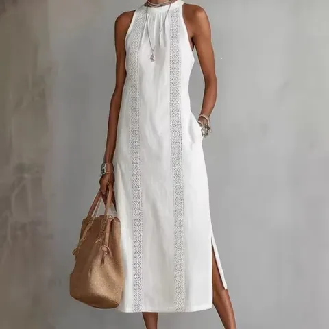 Women Casual Cotton Linen Maxi Dress Round Neck Sleeveless Solid Color Pullover Summer Boho Vacation Long Tank Dress
