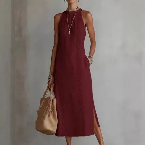 Women Casual Cotton Linen Maxi Dress Round Neck Sleeveless Solid Color Pullover Summer Boho Vacation Long Tank Dress