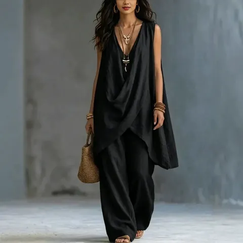 Women's Casual Cotton Linen Two Piece Set Sleeveless Wrap V Neck Top And Wide Leg Pants Solid Color Holiday Beach Outfits