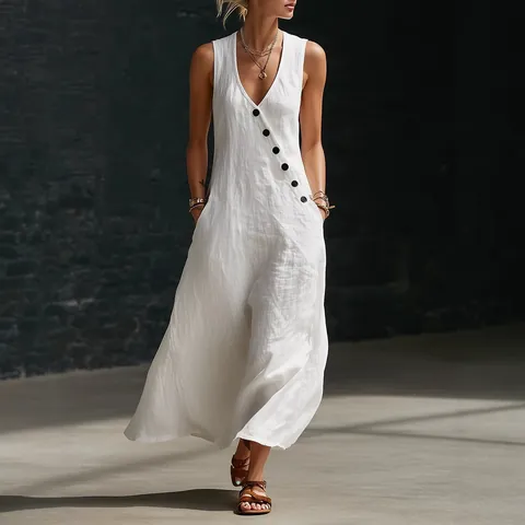 Women Sleeveless V Neck Linen Dress Elegant Plain Button Maxi Dress Summer Casual Loose Beach Long Dress Without Sleeves