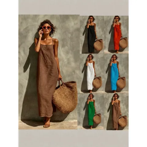 Women Sexy Spaghetti Strap Cotton Linen Maxi Dress Elegant Vintage Solid Color Straight Long Dress For Summer Beach Vacation