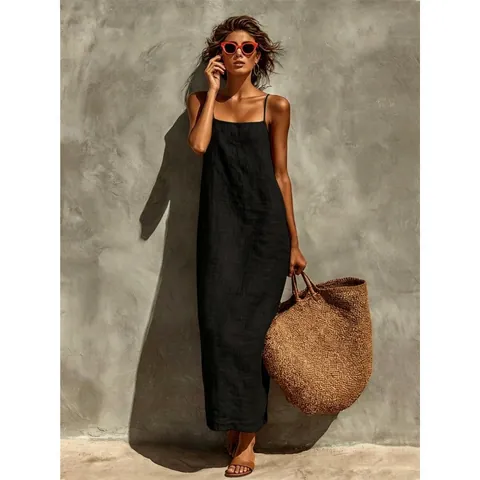Women Sexy Spaghetti Strap Cotton Linen Maxi Dress Elegant Vintage Solid Color Straight Long Dress For Summer Beach Vacation