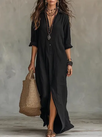 Robe Décontractée pour Femmes Couleur Unie Revers Fente Frontale Automne Ample Manches Longues Robe Chemise Style Européen Streetwear