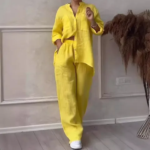 Completo Casual da Donna in Cotone e Lino Tinta Unita Camicia a Maniche Lunghe con Bottoni e Pantaloni a Gamba Larga con Coulisse Sopra e Sotto