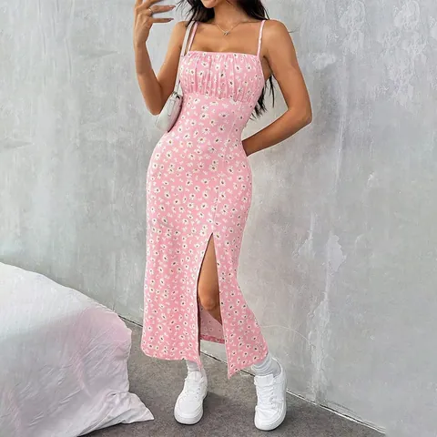 Γυναικείο Σέξι Μίντι Φόρεμα με Λεπτές Τιράντες Τυπωτό με Μαργαρίτες Σχισμή στο Πλάι Bodycon Καλοκαιρινό Φόρεμα Casual