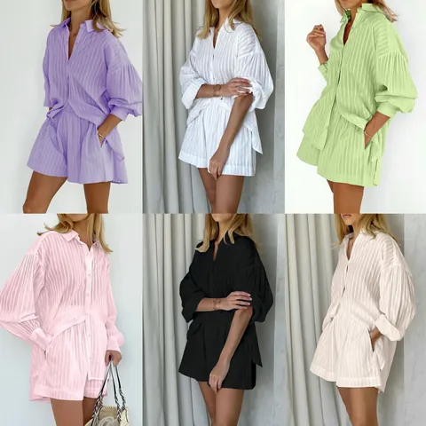 Women Jacquard Striped Puff Sleeve Shirt And Shorts Casual Top And Bottom Commuting Western Style Fashion Polyester Clothing