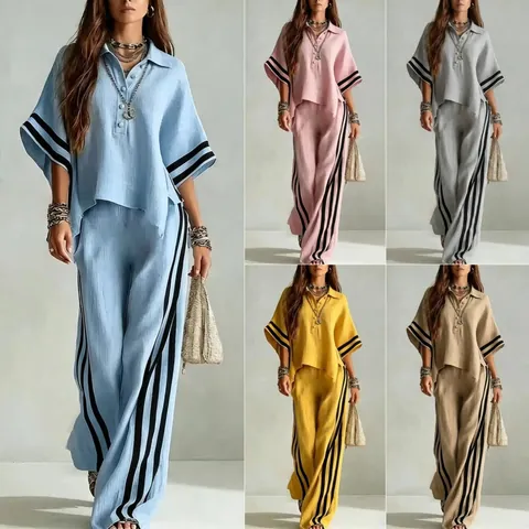 Camisa de Manga Corta para Mujer y Pantalón Largo Top And Bottom Poliéster Patchwork a Rayas Ropa Casual Suelta para Uso Diario