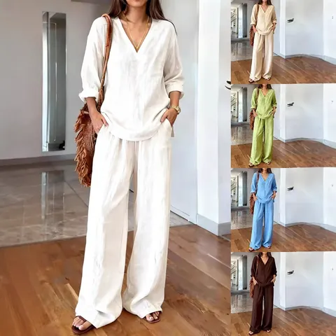 Women's Casual Washed Cotton Top And Bottom V-Neck Long Sleeve Pullover And Wide Leg Long Pants Relaxed Fit Loungewear