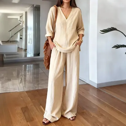 Women's Casual Washed Cotton Top And Bottom V-Neck Long Sleeve Pullover And Wide Leg Long Pants Relaxed Fit Loungewear