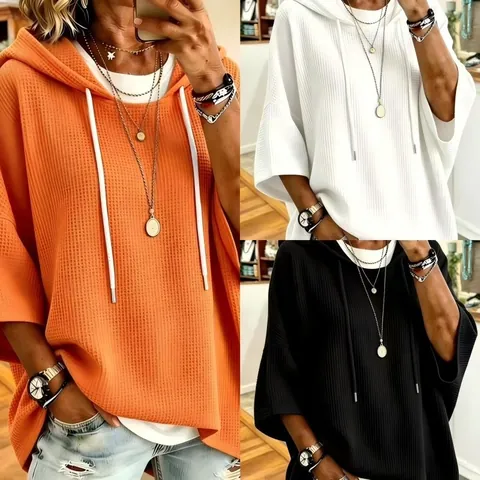 Sudadera con Capucha de Punto de Gofre para Mujer Top Informal Holgado con Cordón Color Sólido Jersey Extragrande Moda de Otoño Mujer Top