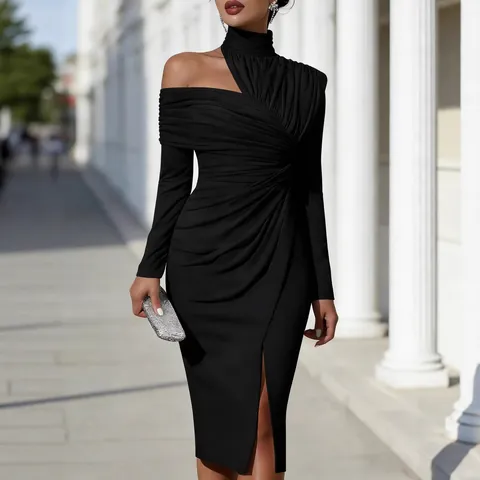 Elegant Off Shoulder Ruched Midi Dress For Women Sexy Asymmetrical Slit Long Sleeve Slim Fit Bodycon Party Dress