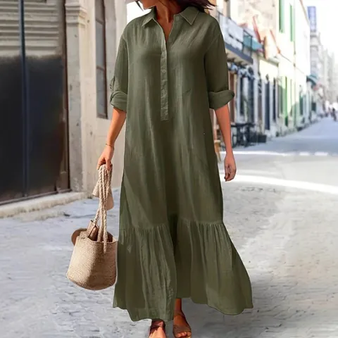 Γυναικείο Casual Βαμβακερό Λινό Μάξι Φόρεμα με Γιακά Πουκαμίσου Κουμπιά Μακρύ Μανίκι Χαλαρή Εφαρμογή Ασύμμετρο Βολάν στο Τελείωμα