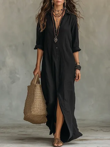 Women Casual Polyester Solid Color Lapel Collar Maxi Dress High Slit Long Sleeve Shirt Dress Bohemian Style Party Dress