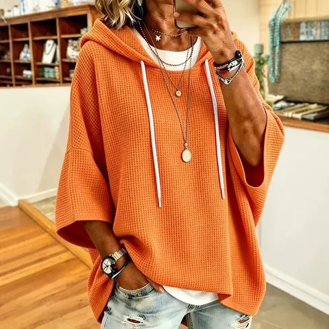 Sudadera con Capucha de Punto de Gofre para Mujer Top Informal Holgado con Cordón Color Sólido Jersey Extragrande Moda de Otoño Mujer Top