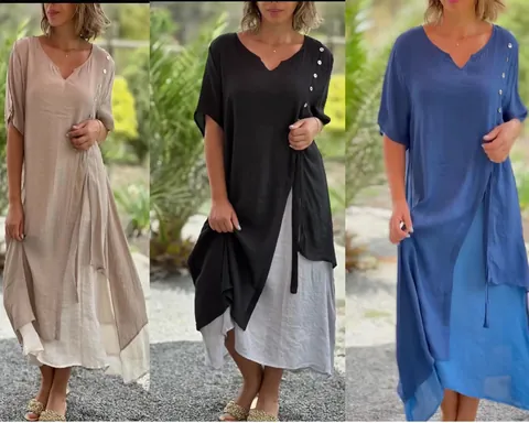 Women Fashion V-Neck Short Sleeve Asymmetric Fake Two-Piece Dress Cotton Linen Midi A-Line Vacation Casual Color Block Dress