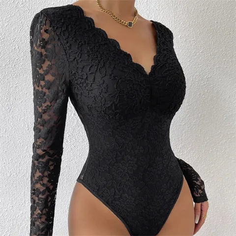 Women Sexy Lace Bodysuit Long Sleeve V Neck Slim Fit Solid Color Polyester Romper Elegant Clubwear Fashion Jumpsuit For Women