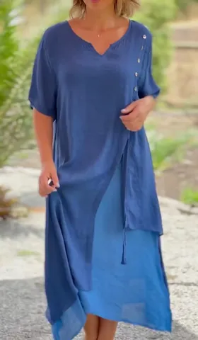 Women Fashion V-Neck Short Sleeve Asymmetric Fake Two-Piece Dress Cotton Linen Midi A-Line Vacation Casual Color Block Dress