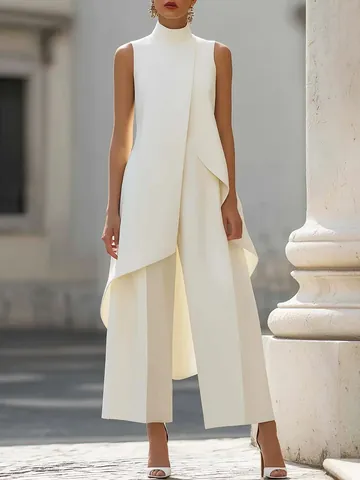 Women Elegant High Neck Sleeveless Irregular Design Faux Two Piece Jumpsuit Slim Fit Polyester Solid Color One Piece Set
