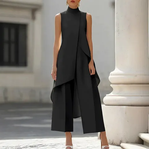 Completo Donna Collo Alto Senza Maniche Top a Strati Irregolari E Pantaloni a Gamba Larga Tinta Unita Due Pezzi Tuta Casual
