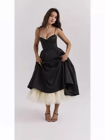 Women Sexy V Neck Sleeveless Spaghetti Strap Evening Dress Puffy Tulle Mesh Patchwork Maxi Party Gown Elegant Formal Prom Dress