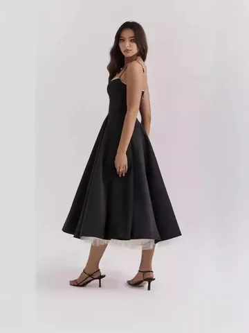 Women Sexy V Neck Sleeveless Spaghetti Strap Evening Dress Puffy Tulle Mesh Patchwork Maxi Party Gown Elegant Formal Prom Dress
