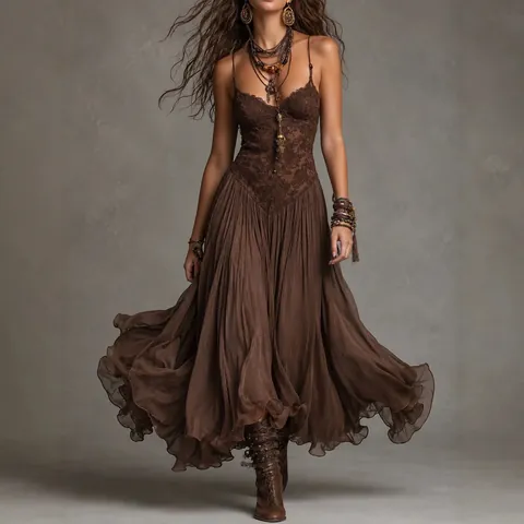 Women's Vintage V-Neck Cami Lace Patchwork Maxi Dress Boho Style Sleeveless High Waist Pleated Flowy Long Dress Dark Brown