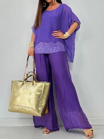 Damen Sommer Chiffon Rundhalsausschnitt Kurzarm Pailletten Spleißen Top And Bottom Set Elegantes Pendler Casual Weites Bein Hosenanzug