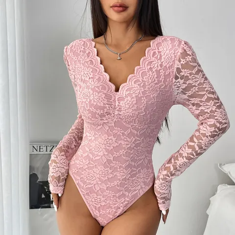 Women Sexy Lace Bodysuit Long Sleeve V Neck Slim Fit Solid Color Polyester Romper Elegant Clubwear Fashion Jumpsuit For Women