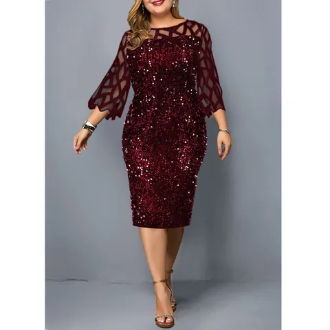 Women's Round Neck Sequin Mesh Patchwork Slim Fit Party Dress Three-Quarter Sleeve Mid-Length Bodycon Banquet Evening Gown