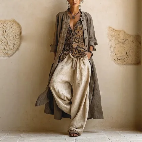 Ensemble 3 Pièces Bohème pour Femmes Chemise Imprimée Vintage Pantalon Large Cardigan Long Décontracté Vacances Top And Bottom
